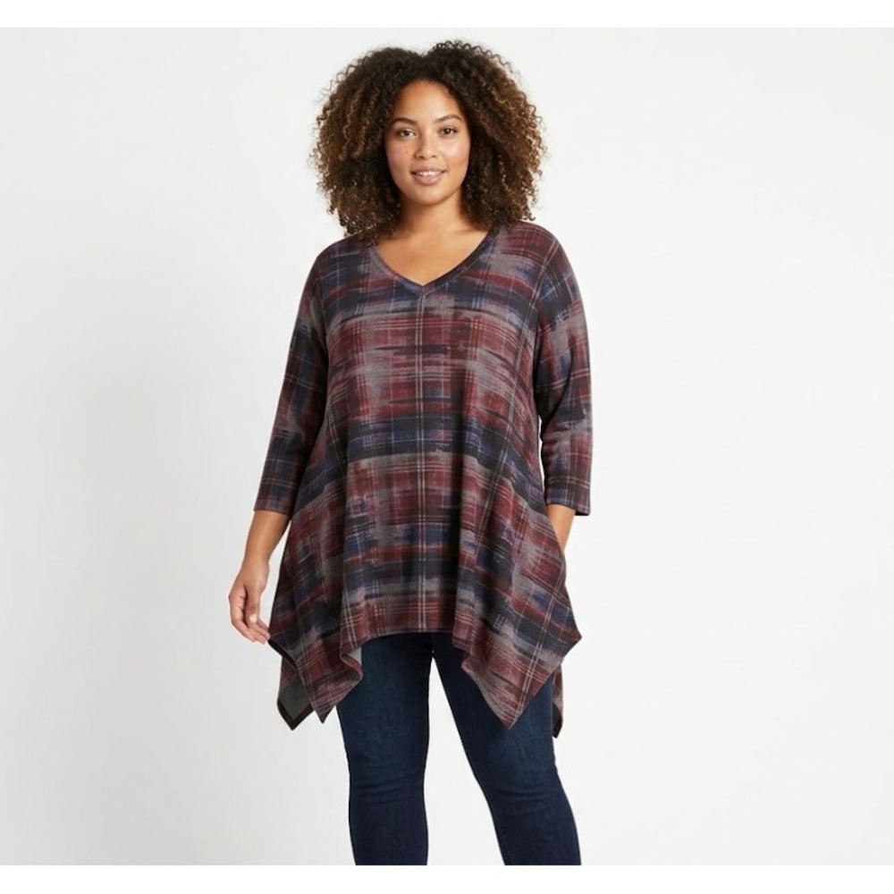 Nally & Millie sz 2X Black Purple Asymmetric Hem Stretch Knit 3/4 Sleeve Tunic